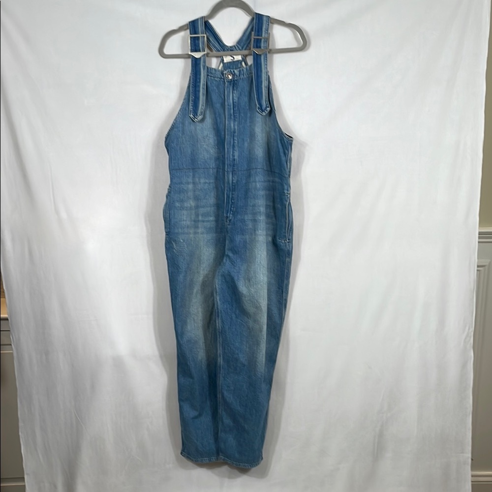 Free People Blue Denim Overalls Size S Ankle Length Elastic Detail Back EUC